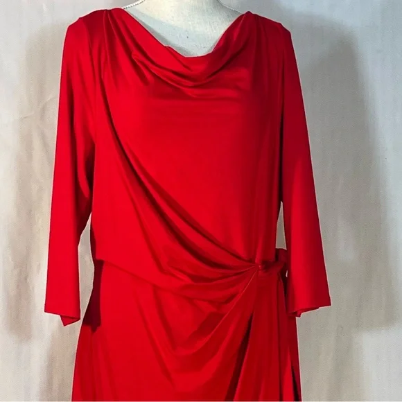 Ann Taylor Red Dress Jersey Drape Neckline Faux Wrap Tie MIDI 3/4 Sleeve EUC XL - Picture 2 of 8